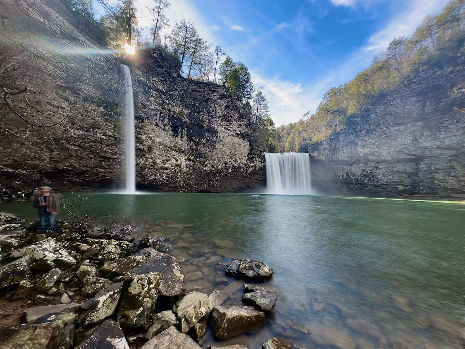 A view of two waterfalls and a river